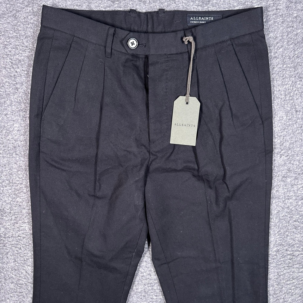 NEW AllSaints Tallis Trouser Mens 28 Black Tapered Cropped Pleated Cotton Wool